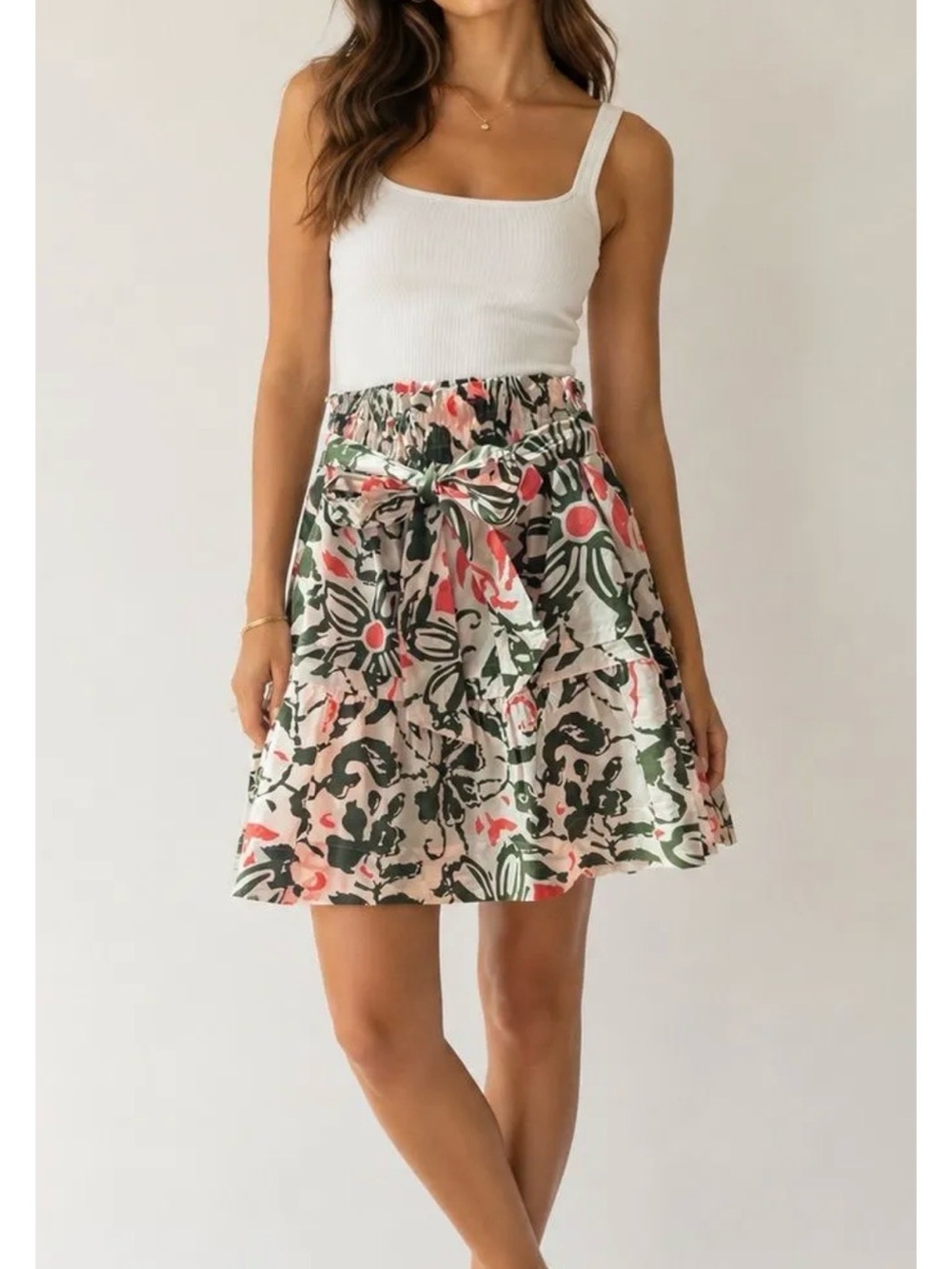 NWOT Anthropologie Bettina Green Pink Floral Tropical Mini Skirt Paperbag